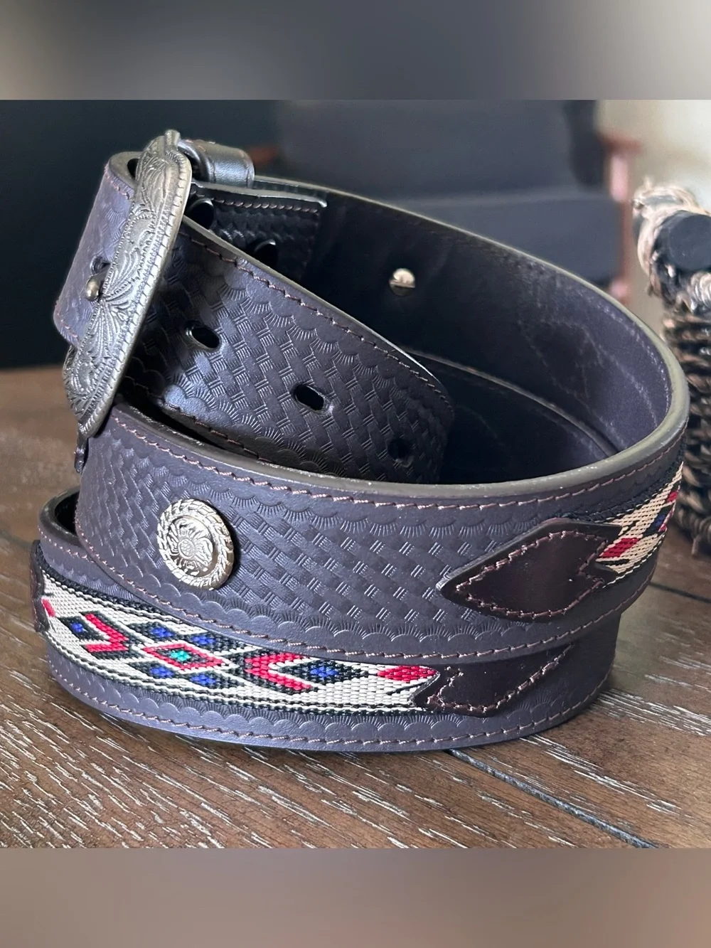 Southwestern Basketweave Brown Leather Belt Embroidered Aztec Inlay With Conchos